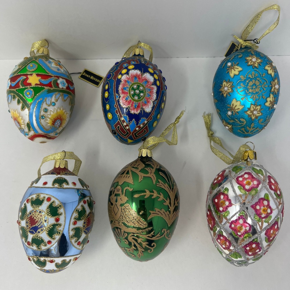 Joan Rivers Glass Egg Christmas Ornaments lot Multicolor Glitter Studded Painted